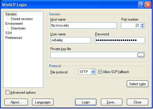 WinSCP login window